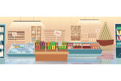 Supermarket cartoon. Products grocery store food market interior vecto