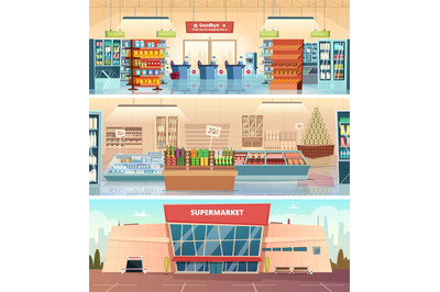 Supermarket facade. Grocery food market interior mall inside cashier v