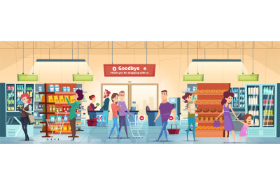 Shopping people. Characters in retail food market with shopping cart b