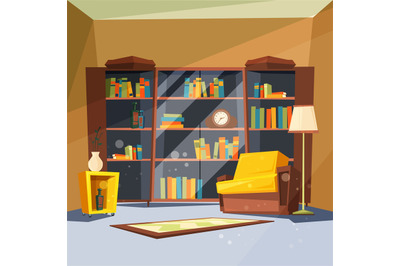 Room with books. House apartment with home library shelves inside of l