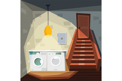 Basement. Cartoon house room with basement with washing laundry machin