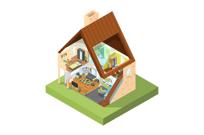 House cutaway isometric. Interior of modern house with different rooms