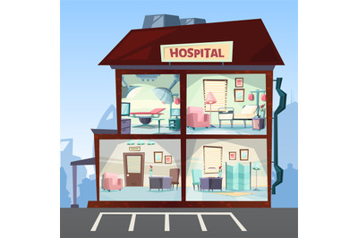 Hospital. Medical clinic rooms interior hallway emergency vector pictu