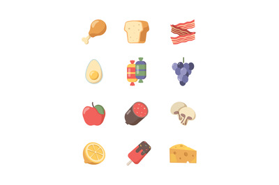 Food icon. Coffee meat cakes pizza eggs and steak and other vector sym