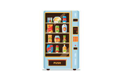 Vending machine. Snack crackers junk food soda drinks saling in vendin