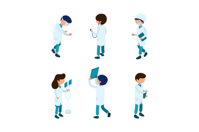 Doctors isometric. Medical staff paramedic surgeon ambulance person ho