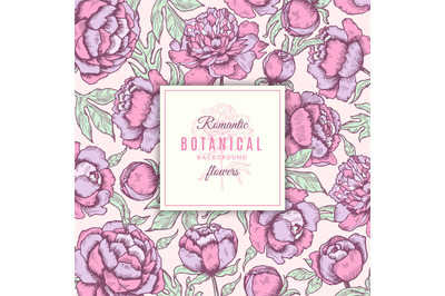 Floral background. Botanical frames of peonies flowers with leaves wed