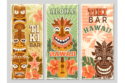 Hawaii retro banners. Aloha tourism summer adventure dancing party in