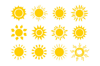 Yellow sun icon set. Orange summer spring sunshine rays. Weather brigh