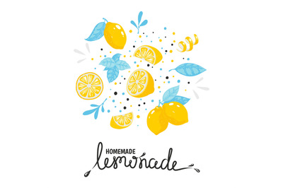 Homemade lemonade hand drawn typography. Summer cold cocktail with lem