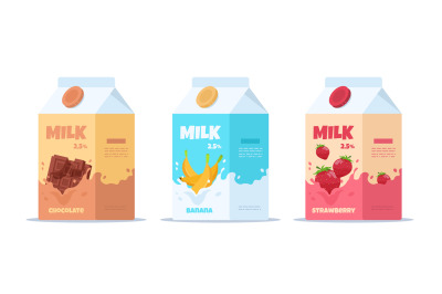 Milk package. Sweet milk with different tastes, cartoon containers wit