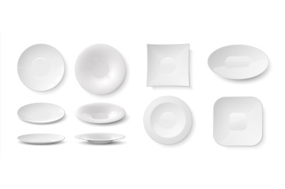 Realistic plates. White empty 3D dishes and bowls mockup&2C; kitchen dini