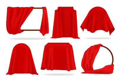 Red silk cover. 3D opened curtains, realistic covered with red cloth o