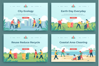 Plastic recycle landing page. Family characters collecting garbage and