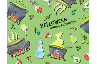 watercolor halloween set, witch attributes. Stickers pack