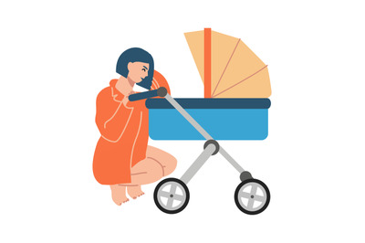 Happy mother with pram. Mom crouched in stroller with newborn. Vector