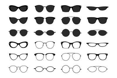 Glasses collection. Geek eyeglasses and sunglasses. Black spectacles s