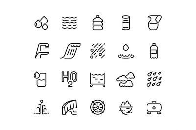 Water line icons. Bottle and glass of liquid&2C; rain drops clouds and sh