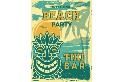 Tiki bar poster. Hawaii beach summer party invitation tiki tribal wood