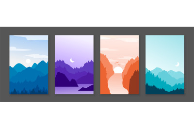 Mountains posters. Rocky mountains and snowy peaks, banners with carto