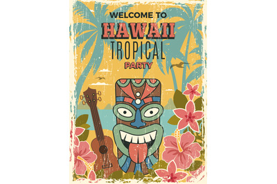 Hawaii poster. Summer dance party invitation tiki african tribal masks