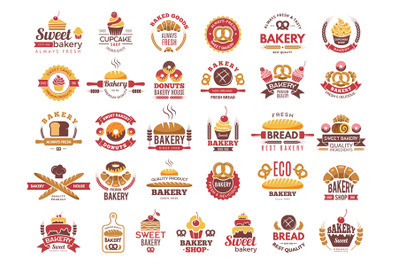Colored bakery labels. Vintage food logos with cooking pastry symbols