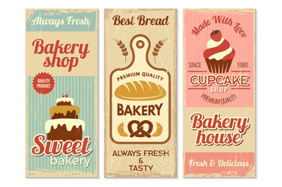 Bakery banners. Sweet cakes kitchen logotype for cooking projects vect