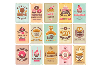 Vintage bakery cards. Delicious pastries cafe shop and cakes vector la