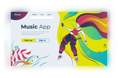 Music landing page. Happy cartoon characters listening to music and po