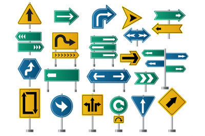 Arrows direction. Road signs for street or highway traffic navigation