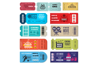 Tickets template. Events entrance tickets in cinema theater circus sho