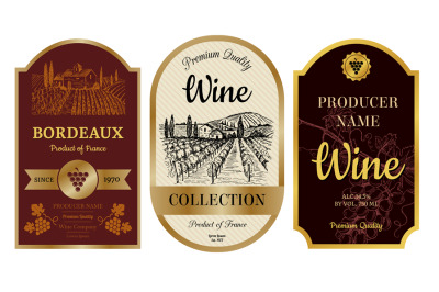 Vintage wine labels. Alcohol badges with pictures of vineyard chateau