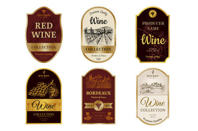 Wine vintage labels. Alcohol wine champagne drinks badges luxury style