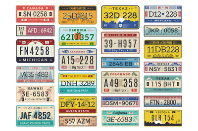 Car plates. Highway automobile license numbers old retro style vector