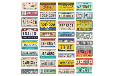 Car plates. Set of american vehicles automobile number license vector