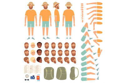 Travel people constructor. Body parts of happy travellers with various