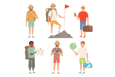 Tourist. Outdoor characters travellers hiking backpacker vector people