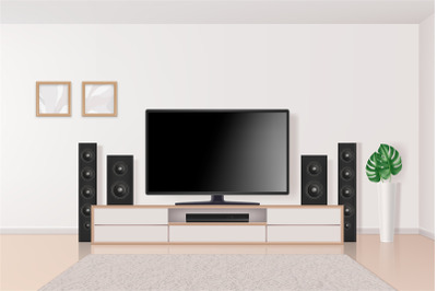 Home theatre. Tv set system in interior big modern multimedia system h