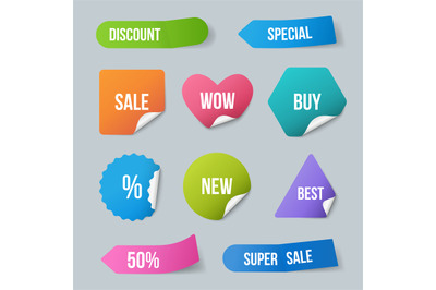 Advertizing stickers. Sale promo labels for new products badges from p