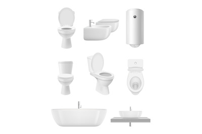 Bathroom objects. Toilet sink shower washroom vector realistic collect