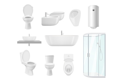 Bathroom collection. Washroom toilet sink modern white objects of bath