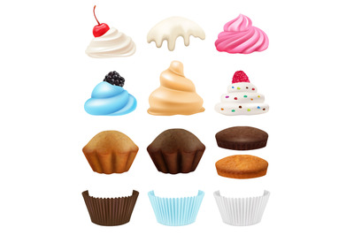 Cakes collection. Realistic cupcakes creation kit muffin cream fruits