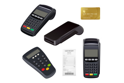 Payment terminal. Closeup money receipt credit card machine for distan