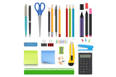 School stationery. Pencil sharp pen eraser calculator knife and staple