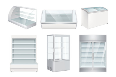 Refrigerator empty. Supermarket retail equipment vector realistic refr