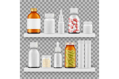 Drugs&2C; medications packaging vector. Realistic bottles on shelf illust