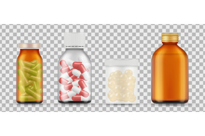 Realistic pills bottles vector. Drugs, medications collection isolated