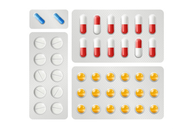 Realistic pills packing vector. Medications, drugs, vitamins isolated