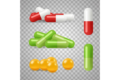 Realistic pills vector. Drugs&2C; medications isolated on transparent bac