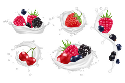 Berries milk splashes vector set. Strawberry, raspberry, blueberry fru